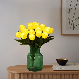 20pcs Pre-Lit Artificial Tulips Flower Bouquet Real Touch Tulip Light, LED Lighted Tulip Bouquet Latex Flowers for Her Gift Home Kitchen Decor Wedding Office Decorations Floral Arrangements(White)