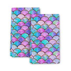 Bapcoku Kitchen Towels Decorative Set Cute Mermaid Scales Colorful Rainbow Tea Towels Set of 2 Cotton Soft Absorbent Hand Towels Gifts Home Decorations 16 x 24 Inch