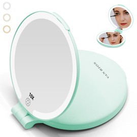 VANRIOS 6.3 Inch Rechargeable Folding 10x Magnification Double Sided Makeup Mirror with Lights, Portable Travel Mirror for Women with Nearsightedness | Travel Essentials for Women