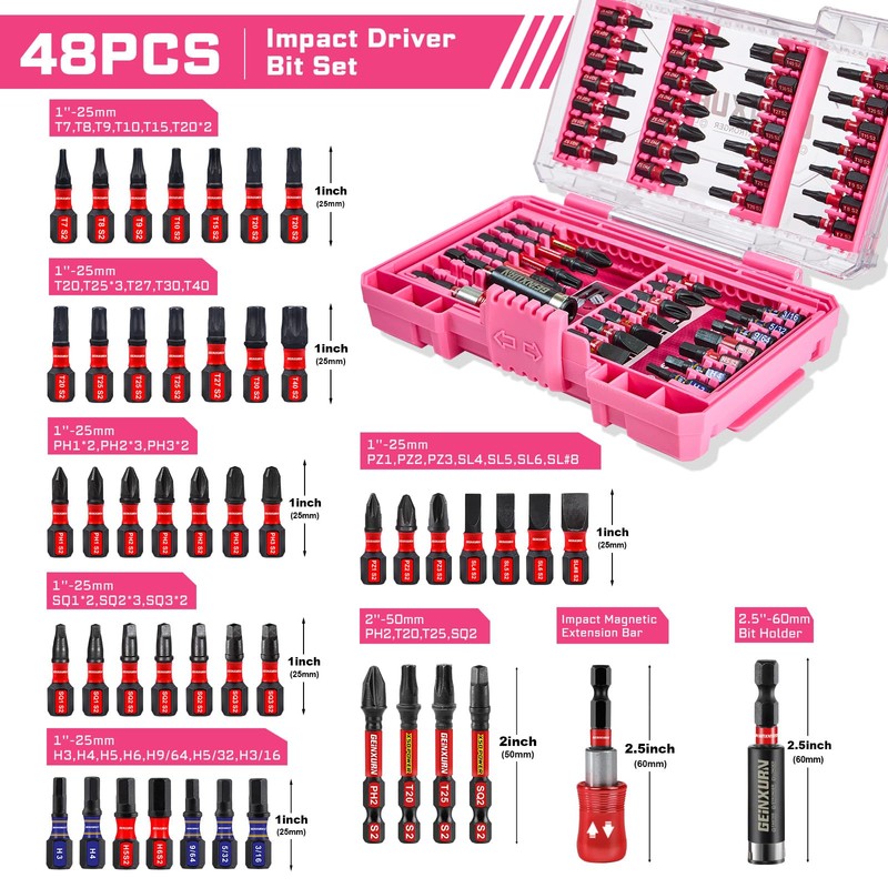 Geinxurn 48Pieces Impact Screwdriver Bits Set, Magnetic S2 Steel Phillips/Slotted/Square/Torx