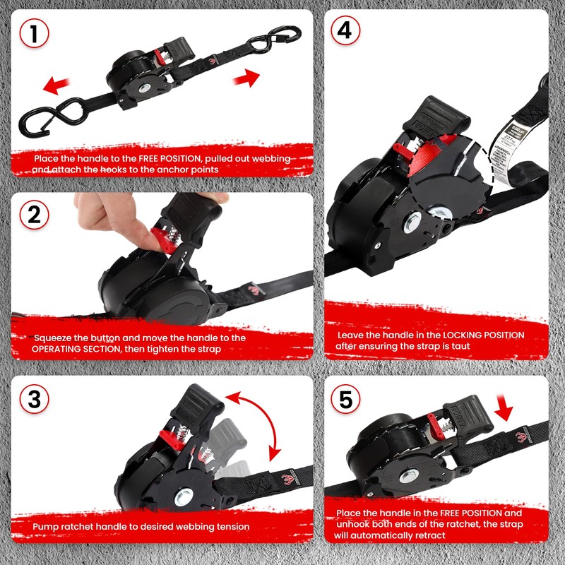 ARMORLOGISTICS Retractable Ratchet Straps 4 Pack, 1500LBS Break Strength Self