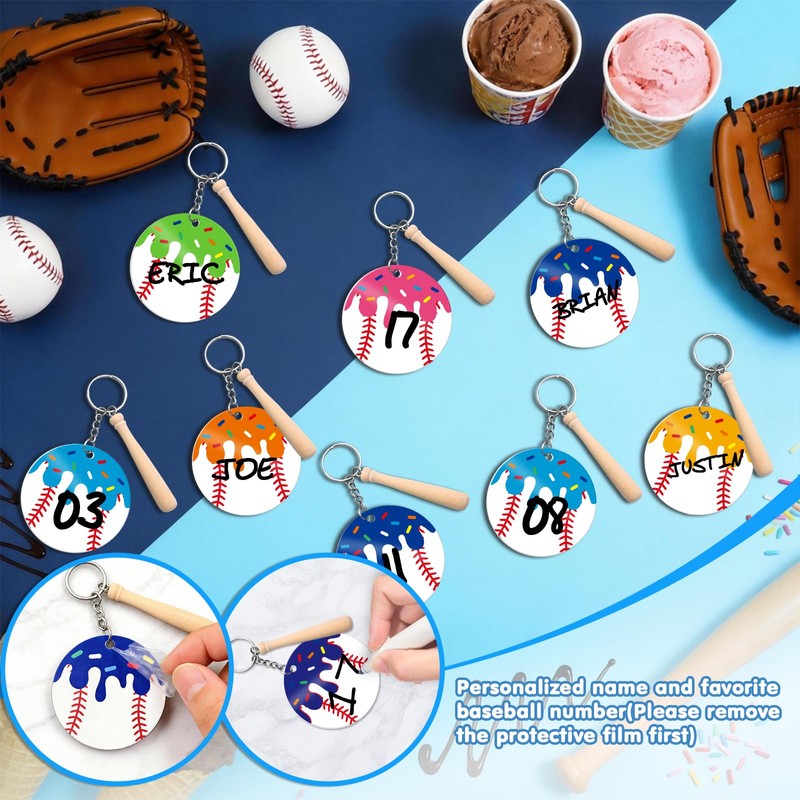 12 Pcs Baseball Acrylic Keychains with Mini Wooden Bats, Ice