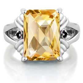 Gem Stone King 925 Sterling Silver Yellow Citrine and Black Diamond Engagement Ring For Women (6.79 Cttw, Gemstone November Birthstone, Emerald Cut Checkerboard 14X10MM, Size 6)