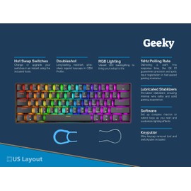 Geeky GK61 60% | Hot Swappable Mechanical Gaming Keyboard | 61 Keys Multi Color RGB LED Backlit for PC/Mac Gamer | ANSI US American Layout (Black, Mechanical Black)
