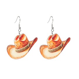 Western Cow Fedora Hat Earrings Boho Wooden Cowgirl Cowboy Hat Rodeo Boot Drop Dangle Preppy Lightweight Western Earrings for Women Ladies (Brown)