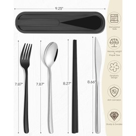 PHILIPALA 2 Sets 18/8 Stainless Reusable Utensils Set with Case, Travel Chopsticks Fork Spoon Knife Set for Lunch Box, Portable Flatware Sets for Camping(Black,Sliver)