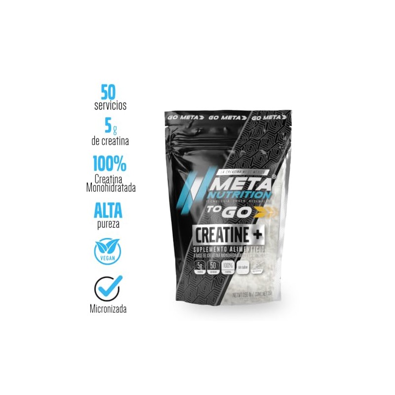 Meta Nutrition Creatina Monohidratada Micronizada Pura. 250gr, 50 Porciones. 100%