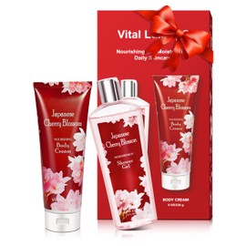 Vital Luxury Japanese Cherry Blossom Bath and Body Shower Gel and Body Cream Set - Nourishing and Moisturizing Daily Skincare - 8 fl.oz / 236mL Each (2-Piece Bundle)