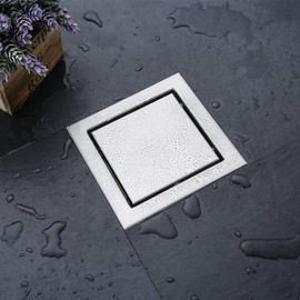 RANDOM Brushed Steel Floor Drain 6-inch SUS304 Stainless Steel Square Shower Floor Drain with Tile Insert Grate Removable Multipurpose Invisible Look or Flat Cover. (Wide-brimmed)