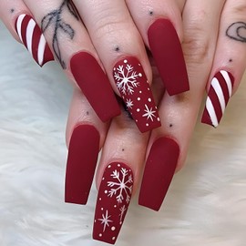 Christmas Press on Nails Medium Length, Artificial Fake Nails with White Snowflake Design, Full Cover Reusable Red Coffin Shaped Glossy False Nails, Square Acrylic Nails, Glue on Nails for Women Set
