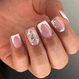 Valentine's Day Press on Nails Short Square Fake Nails White French Tip False Nails with Designs Gold Glitter Love Heart Stick on Nails Full Cover Acrylic Glossy Glue on Nails for Women Manicure 24Pcs