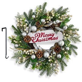 FINECASA Pinecone Christmas Wreath with Joy Sign, Wreath & Ajustable Hanger Set, Outdoor/Indoor Holiday Decor for Front Door, Porch & Window, 24in