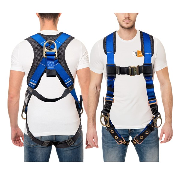 ATERET Fall Protection 5pt Safety Harness, Dorsal D-ring, Quick-Connect Buckle, Grommet Legs, Sewn in Back Pad I OSHA ANSI Compliant Personal Equipment (Blue - Universal)
