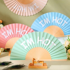 Chuangdi 4 Pcs I'm Hot Folding Fan for Line Dancing Handheld Wooden Foldable Rave Hand Fans with Organza Bags for Women Men Gifts Concerts Festival Wedding Party Favors Decoration(Morandi)