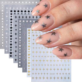 8 Sheets Star Nail Stickers Self-Adhesive Stars Nail Art Stickers Black White Gold Silver Starlight Design Nail Art Supplies Shiny Glitter Star Nail Decals for Women Girls Acrylic Nail Accessories DIY