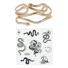 XHBTS Upper Arm Bracelet Cuff Victorian Filigree Swirl Gypsy Boho Gold-Plated Bangle Open Bracelet Snake Bracelet Jewellery Set and Snake Temporary Tattoos
