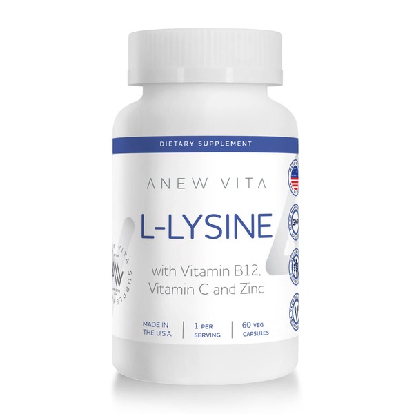 Anew Vita L-Lysine Supplement | w/Vitamin B12 + C + Zinc | Lip, Mouth, Oral Tissue Health | Immunity Support | 500mg | 60 Vegetable Capsules | Non-GMO | Gluten Free | Made in USA