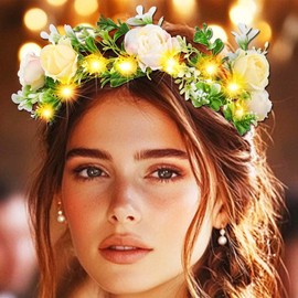 Jovono Light Up Flower Wreath Headband LED Floral Bride Wedding Headbands Crown Fairy Garland Headdress for Women (Warm, Free Size)