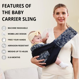 CUBY Wrap Baby Sling Carrier, Baby Wraps Sling Carrier Adjustable Breathable Lightweight Easy to Wearing - Baby Slings for Newborn Infant Toddler Front & Hip Carry Up to 40lbs (Dark Blue Floral)