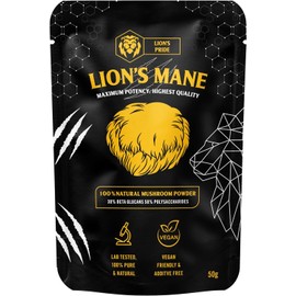 Lion's Pride Lions Mane Powder - Lions Pride Lions Mane Supplement Maximum Strength - 100% Pure Lion's Mane Supplement with 50% Polysaccharides / 30% Beta Glucan - UK Lion's Mane Mushroom (50, Grams)