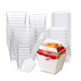 Mistari 50 Pack Clear Plastic Dessert Cups with Lids and Spoons, Mini Parfait Cups Pudding Cups for Cheesecake Yogurt Jello Mousse Snacks Fruit Trifle (8oz 240ml Square Cups)