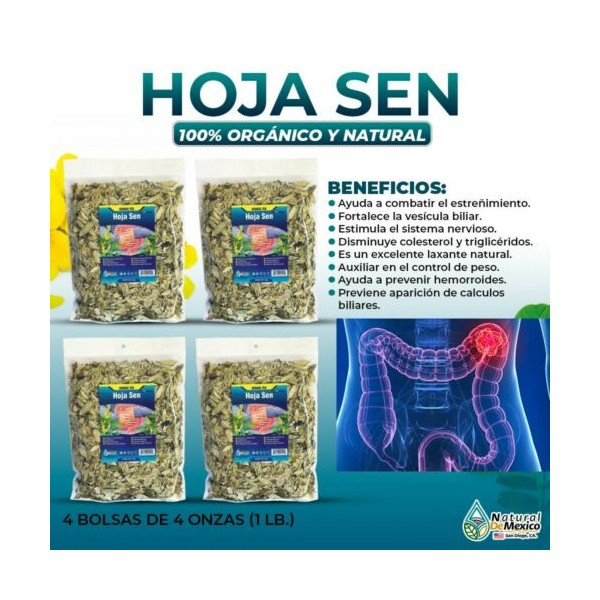 Natural de Mexico USA Hoja Sen Herbal Tea 1 Lb-453g (4/4 oz) Dried Senna Leaves Tea Digestive Support