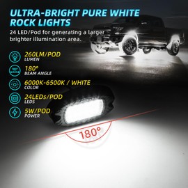 4Pods Metal Pure White LED Rock Lights Kit with Switch Wiring Harness, 6000K 24LEDs Neon Underglow Light Aluminum Waterproof Fender Lights for Trucks Trailer Jeep Off Road ATV UTV SUV