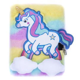 Fringoo® Girls Boys Plush A5 Notebook Diary 3D with Padlock and Bookmark Cute Unicorn Animal Designs 80 Pages (Unicorn Rainbow)