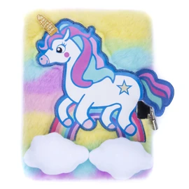 Fringoo® Girls Boys Plush A5 Notebook Diary 3D with Padlock and Bookmark Cute Unicorn Animal Designs 80 Pages (Unicorn Rainbow)