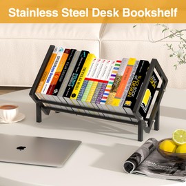 maryeadecoor Desk Bookshelf Made of Stainless Steel - Sloped Book Organizer for Office Study Bedroom - Tabletop Bookshelf 15.7"x10.2" Black
