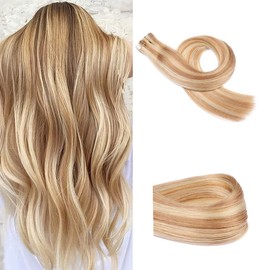 Hair Extensions Real Human Hair, Ombre Tape in Hair Extensions, 20 Inch 50g 20pcs Remy Human Hair Extensions Balayage Golden Brown to Bleach Blonde Highlight Glue in Human Hair Extensions