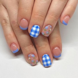24 Pcs Spring Press on Nails Short Square - ZIFANHU Fake Nails Press ons Nail Tips Blue French Tip Glue on Nails Full Cover Cute Blue White Plaid Graffiti False Nails Stick on Nails for Women