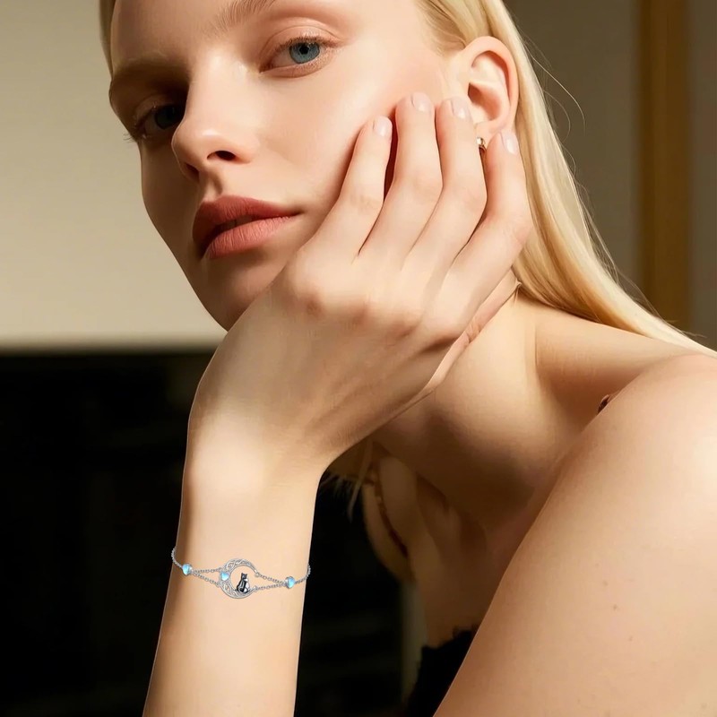 Dorunmo Cat Bracelet for Women 925 Sterling Silver Moon Moonstone