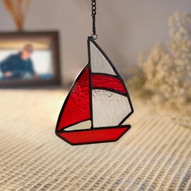 BOXCASA Sailboat Decor Stained Glass Window Hangings,Stained Glass Suncatchers for Window Boat Decor,Nautical Decorations for Home Indoor Window Bathroom Bedroom Livingroom