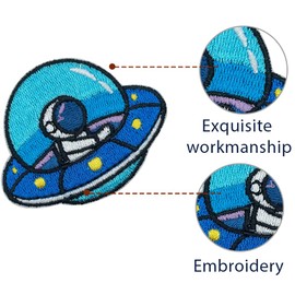 Obokata Parches bordados adhesivos, parche calcomanía de astronauta conduciendo un OVNI, insignia de astronauta para coser en el emblema de astronauta para despegar y pegar, accesorios de bricolaje para cuaderno, teléfono, botella, casco y veliz.