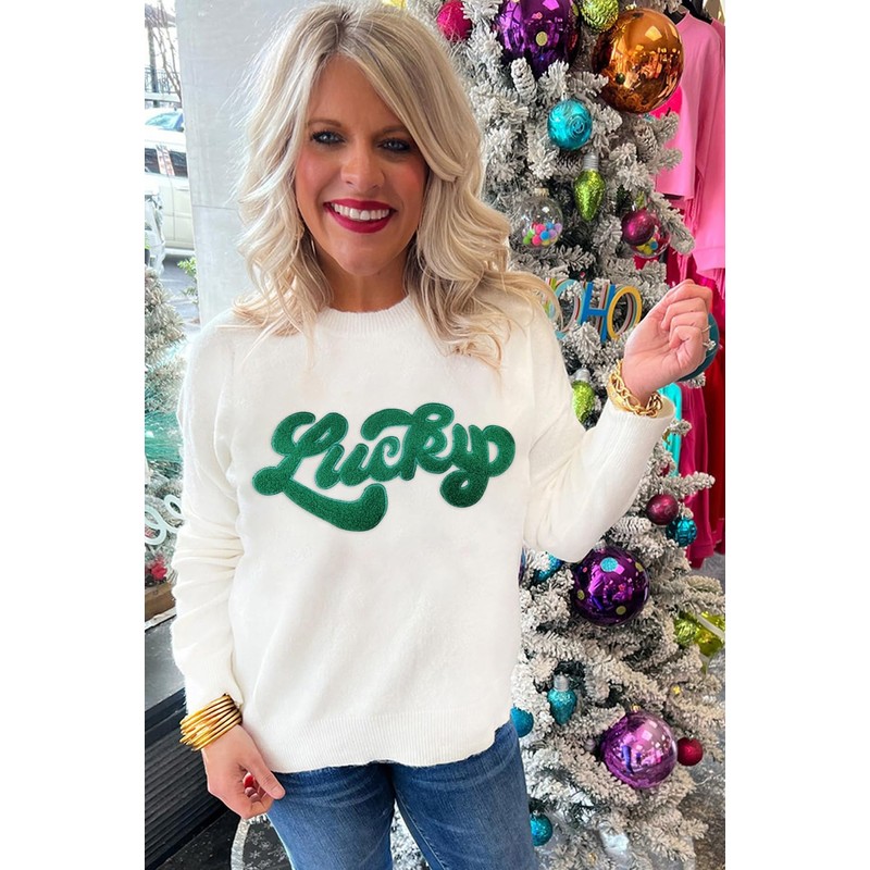 LEMAFER Women's 2024 St. Patrick's Day Sweater Green Sequin Lucky