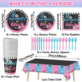 121pcs Burnouts or Bows Gender Reveal Party Decoration Set Includes Plates Napkins Cups Tablecloth Swirls Banner Tableware Kit, Dispose Burnouts or Bows Gender Reveal Supplies Favors, Serve 16