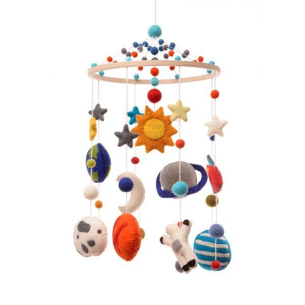 Glaciart One Space Nursery Mobile - Colorful Decor for Crib, Baby Rooms - Handmade, Child-Safe Wood, Felt Wool & Cotton - Solar System Decoration for Girls & Boys - 10x24Inch, 50Inch Hanging String