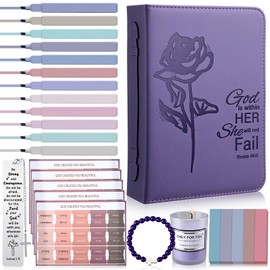 Affrolling 18 Pcs Bible Study Journaling Kit for Women Including Leather Book Cover, Bookmark, Bracelet, Sticky Note, Bible Index Label, Aromatherapy for Christian Catholic Gifts(Purple)