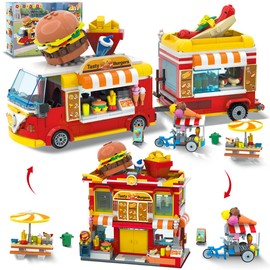 HOGOKIDS City Burger Truck House Building Toy - 2 in 1 Burger Van and Restaurant Building Blocks Set Mobile Ice Cream Food Cart Tables Restaurant Playset Valentines Gift for Kids Boys Girls 6+(826PCS)