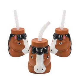 Fun Express Set of 8 Pieces Horse Shaped Cups with Lids & Straws, Holds 14 oz, BPA Free Plastic, Party Supplies and Favors for Kids, Multi-Color