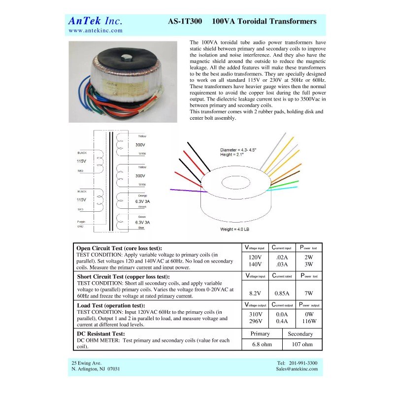 Antek Inc AS-1T300 - 100VA 300V / 600VCT 6.3V x2