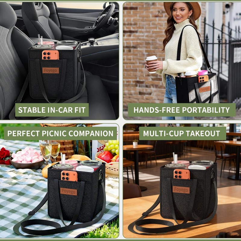 Foyego Drink Carrier Bag with Handle and Strap, 4 Compartment,