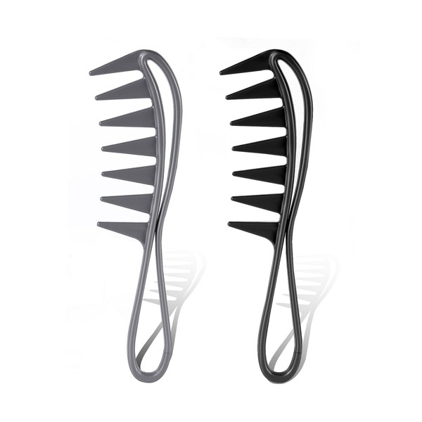 2Pcs Wide Tooth Comb, Large Tooth Combs Wide Tooth Curl Comb Shark Teeth Hair Hairstyle Tool for Curly Wet Wavy Thick Hair Wigs Barber Salon, Women Men (Black, Grey)