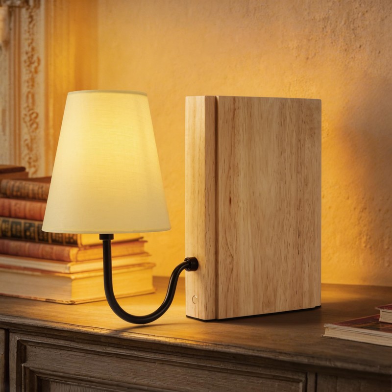 AELS Wooden Bookshelf Lamp with Bulb, Cordless Touch Dimmable Table