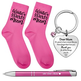 Tenare 4 Pcs Best Mum Ever Mother's Day Gifts Include Pink Socks, Mum Keyring, Ballpoint Pen, Envelope and Card Birthday Gifts from Son Daughter for Mother