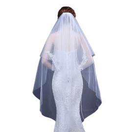 JWICOS 2 niveles de velo de novia de color marfil para mujer, simple tul de encaje corto para despedida de soltera con borde cortado con peine para boda, despedida de soltera