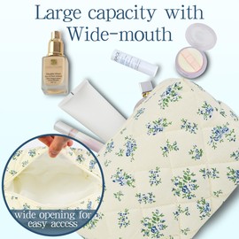 AMZMA Quilted Makeup Pouch,Cotton Puffy Makeup Bag, Coquette Cosmetic Bag for Women and Girls, Aesthetic Organizer Bag, Cute Flower Travel Toiletry Bag, Blue flower2