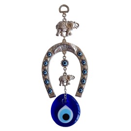 Erbulus Turkish Silver Horse Shoe Blue Evil Eye Wall Hanging Ornament with Elephant - Turkish Nazar Bead Amulet – Home Protection and Good Luck Charm (Medium)