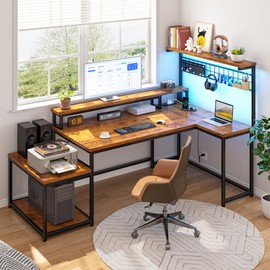 L Shaped Gaming Desk with Shelves & Hooks, 56" Reversible Computer Desk with LED Lights & Power Outlets, Corner Gaming Table with Storage & Monitor Stand for Home Office, Bedroom, Rustic Brown